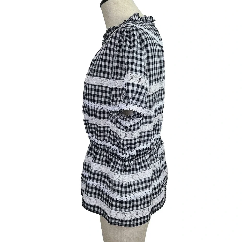 J. Crew Top M Black White Gingham Lace Trim‎ Puff Sleeve Peplum Pullover blouse
